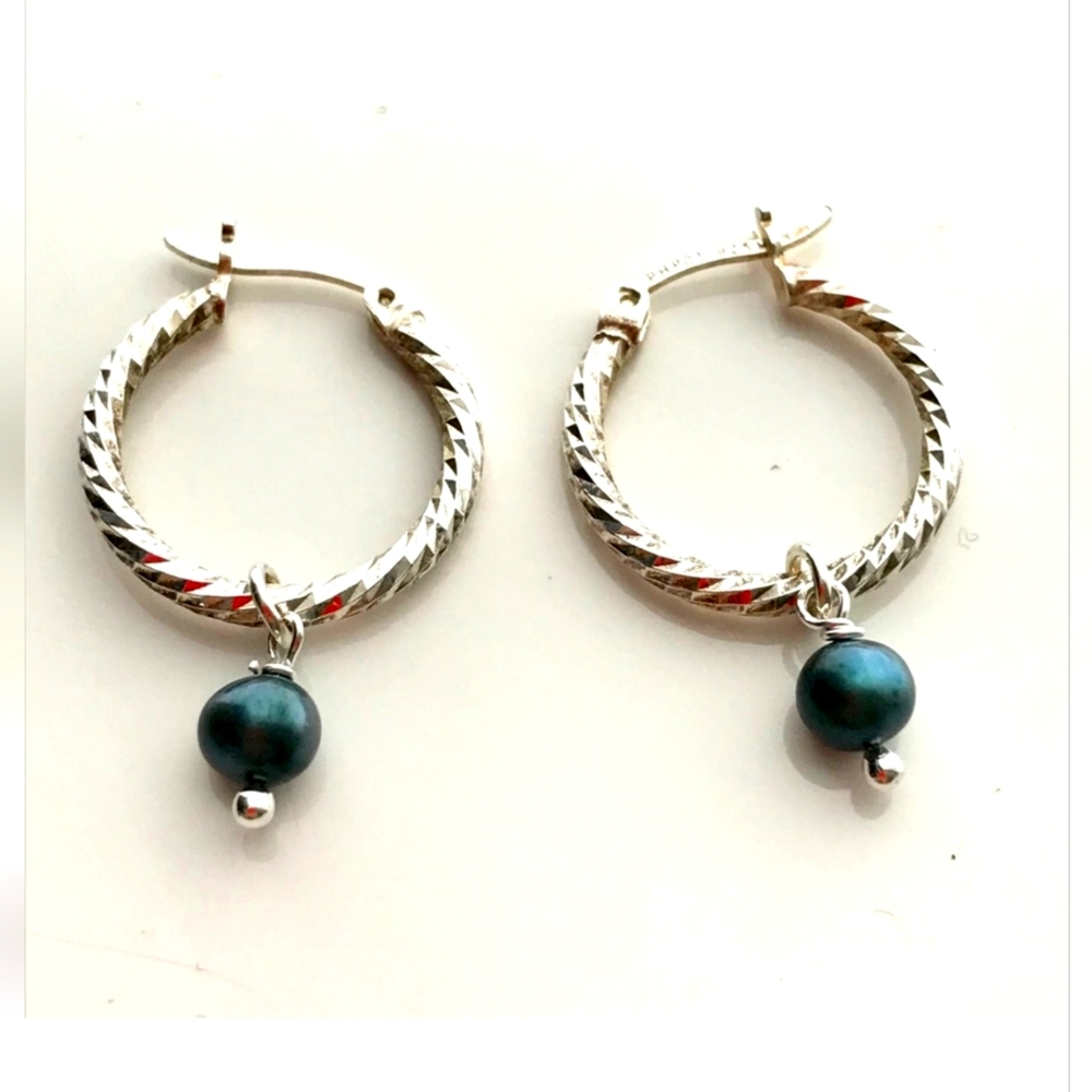 Vintage Sterling Silver Hoop Earrings with Genuine Pearl Dangles